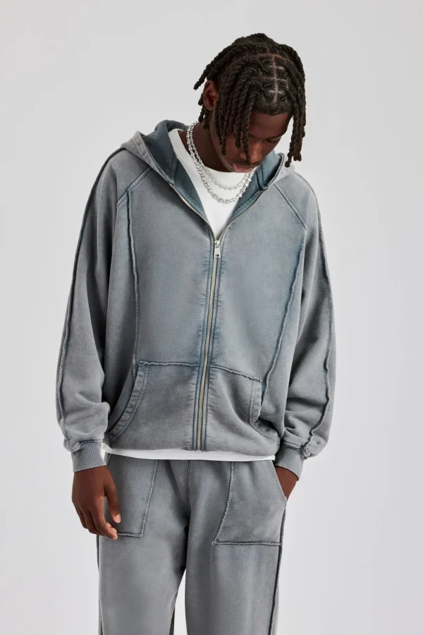 Acid Exposed Seam Zip Through Hoodie - Charcoal