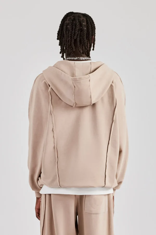 Acid Exposed Seam Zip Through Hoodie - Stone