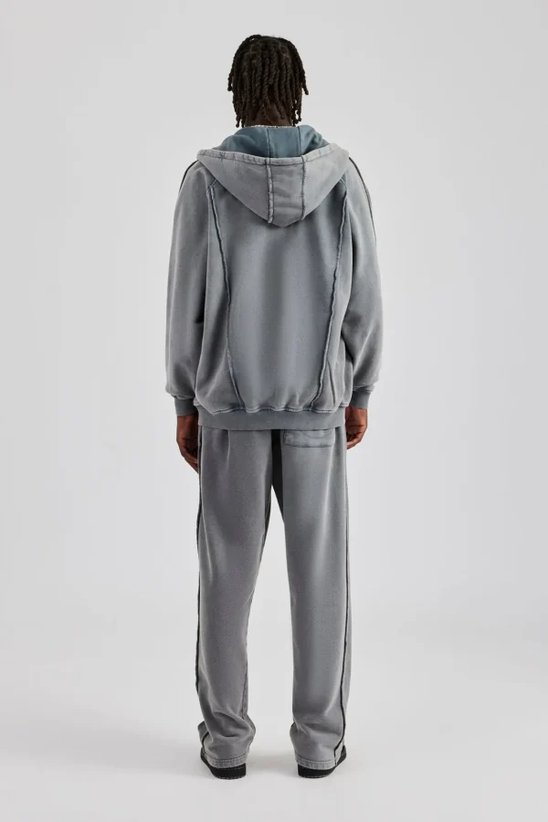 Acid Exposed Seam Zip Through Hoodie - Charcoal