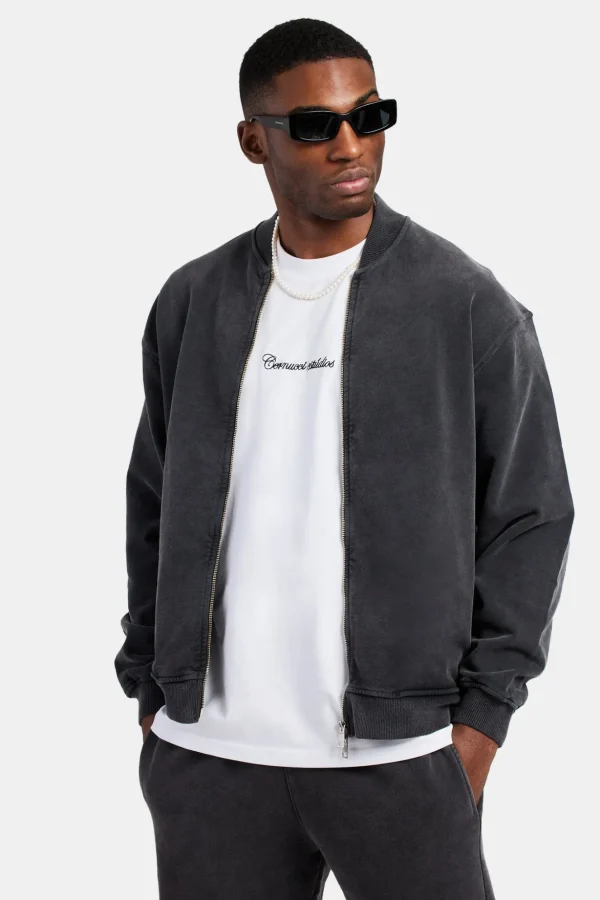 Acid Wash Jersey Bomber Zip Through - Charcoal