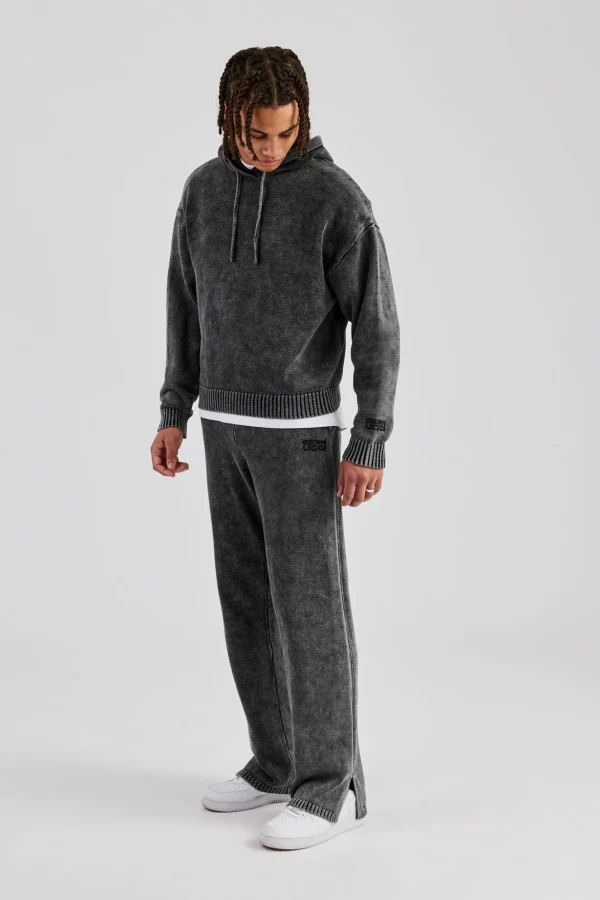 Acid Wash Knit Tracksuit - Charcoal