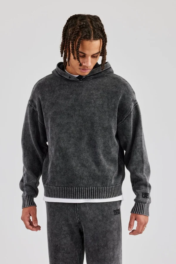 Acid Wash Knitted Hoodie - Charcoal