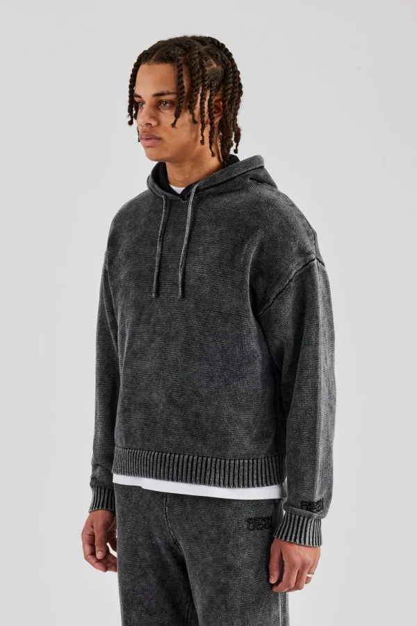 Acid Wash Knitted Hoodie - Charcoal