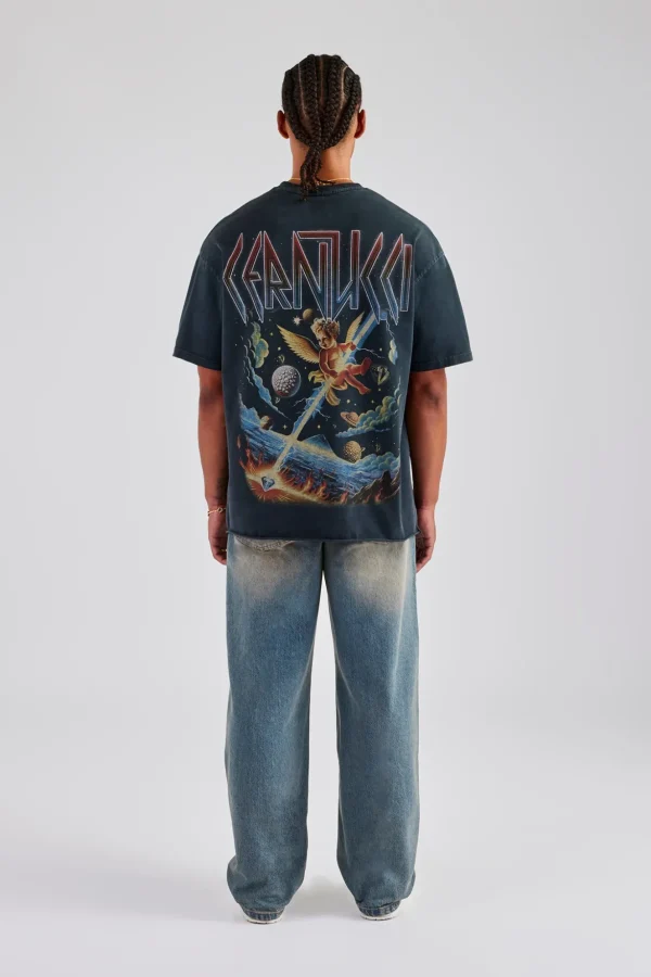 Acid Wash Space Cherub Oversized T-Shirt - Charcoal