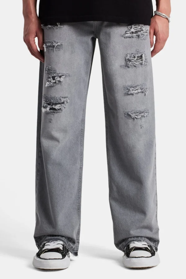 Baggy Fit Distressed Jeans - Light Grey