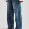 Baggy Fit Laser Print Jeans - Mid Blue