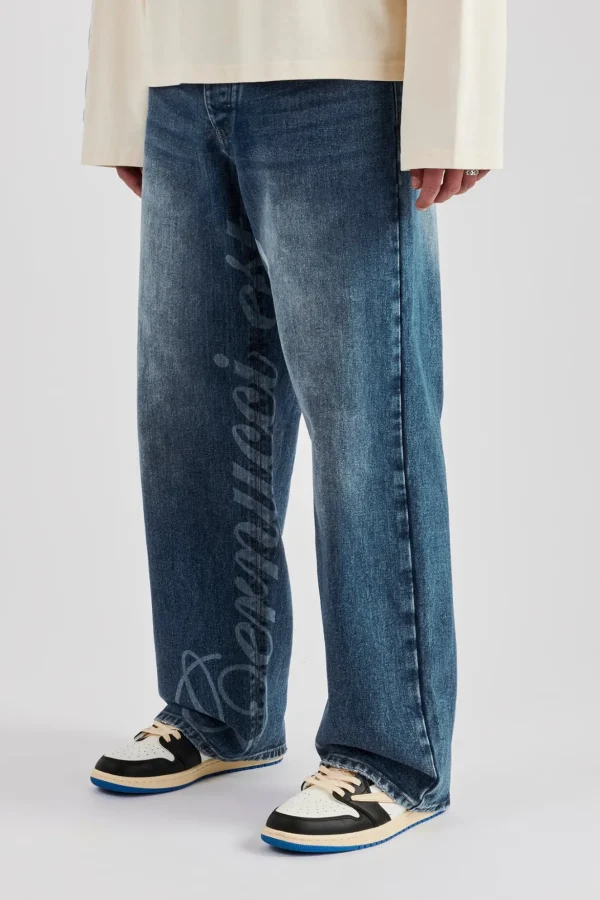 Baggy Fit Laser Print Jeans - Mid Blue