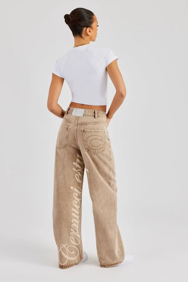 Baggy Fit Laser Print Jeans - Beige