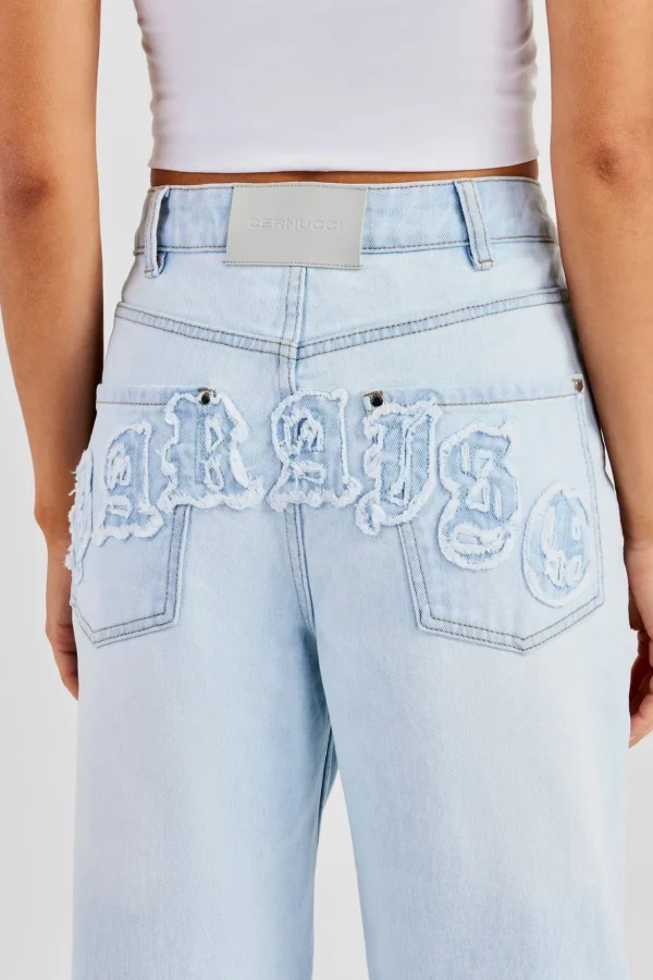 Baggy Paraiso Applique Jeans - Light Blue