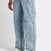 Baggy Raw Edge Applique Jeans - Light Blue