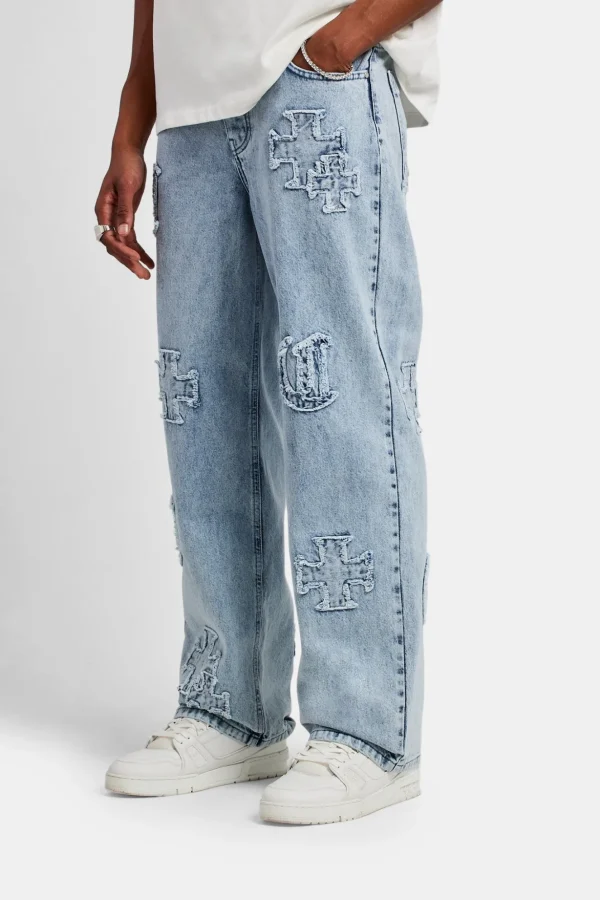 Baggy Raw Edge Applique Jeans - Light Blue