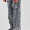 Baggy Raw Edge Applique Jeans - Grey