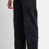 Baggy Raw Edge Applique Jeans - Washed Black