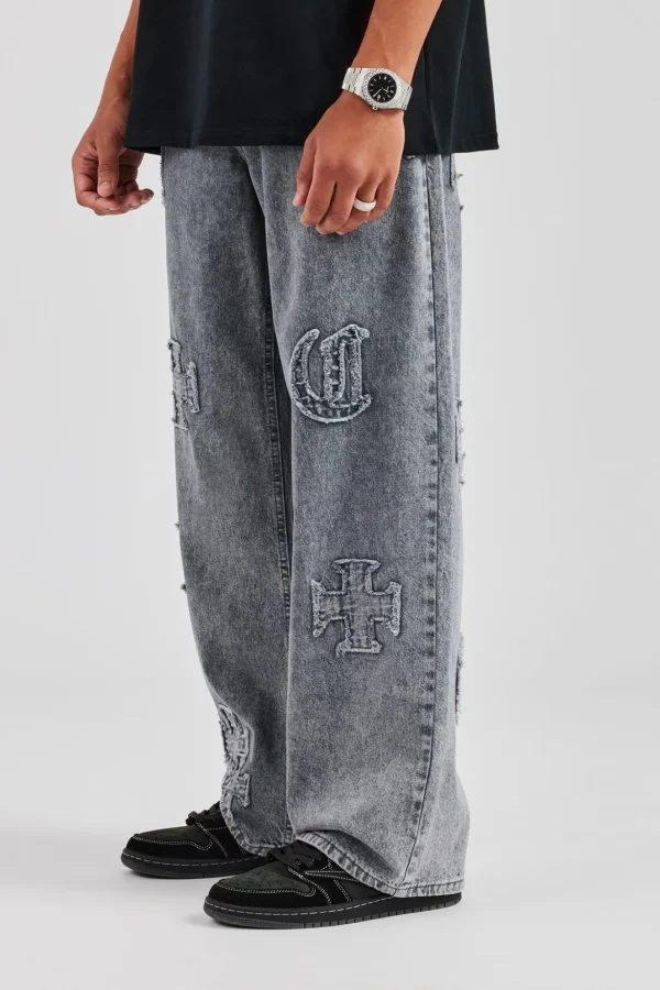 Baggy Raw Edge Applique Jeans - Grey