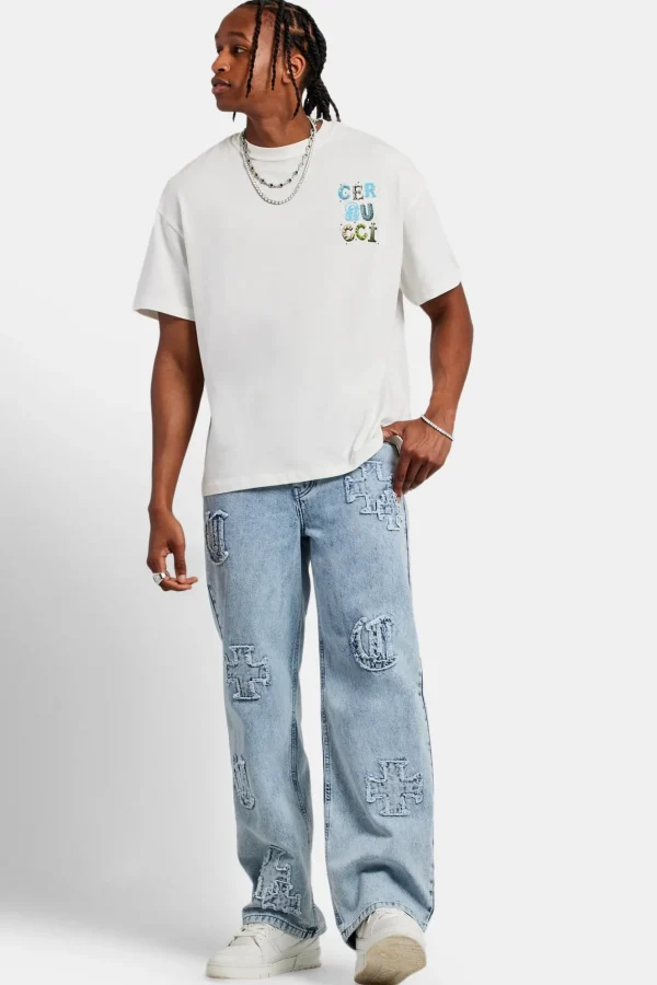 Baggy Raw Edge Applique Jeans - Light Blue