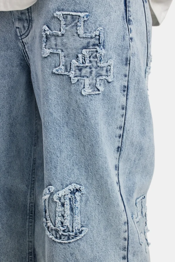 Baggy Raw Edge Applique Jeans - Light Blue