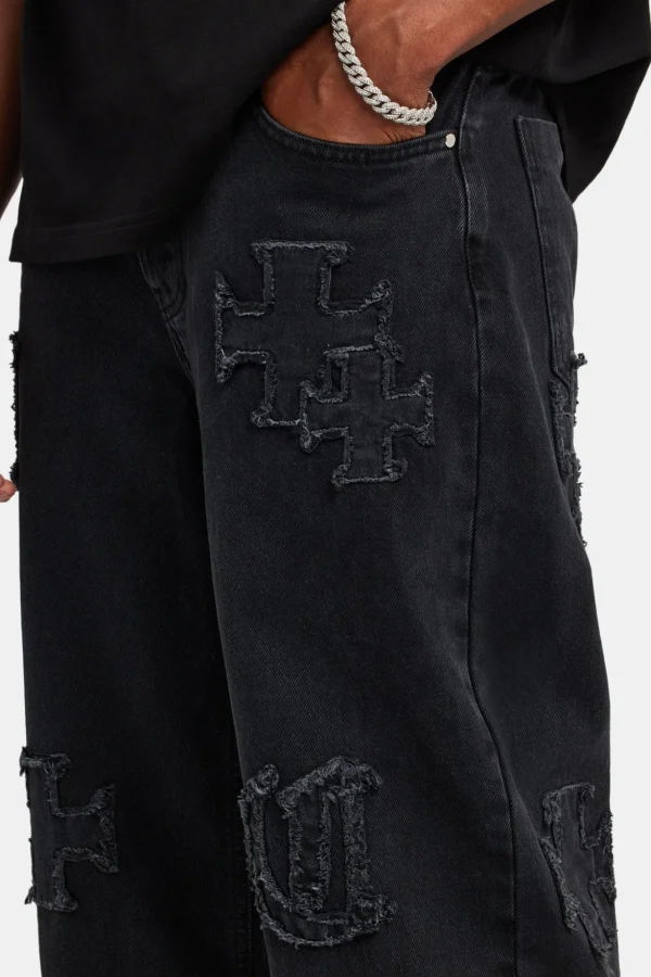 Baggy Raw Edge Applique Jeans - Washed Black