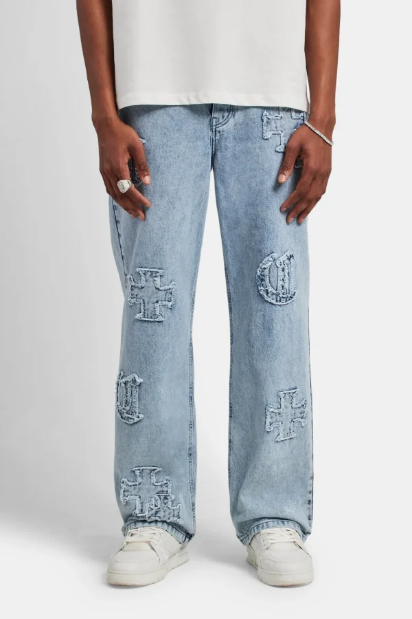 Baggy Raw Edge Applique Jeans - Light Blue