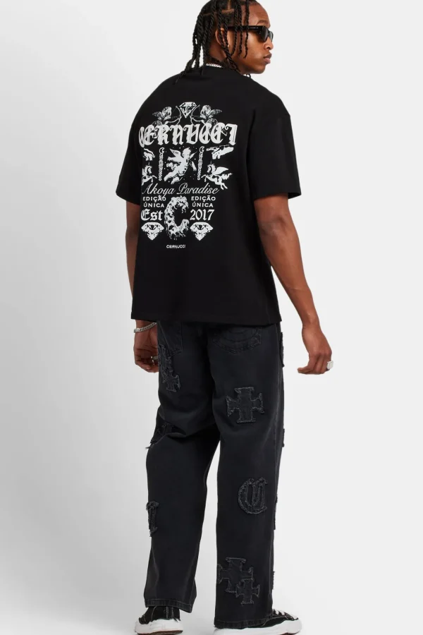 Baggy Raw Edge Applique Jeans - Washed Black