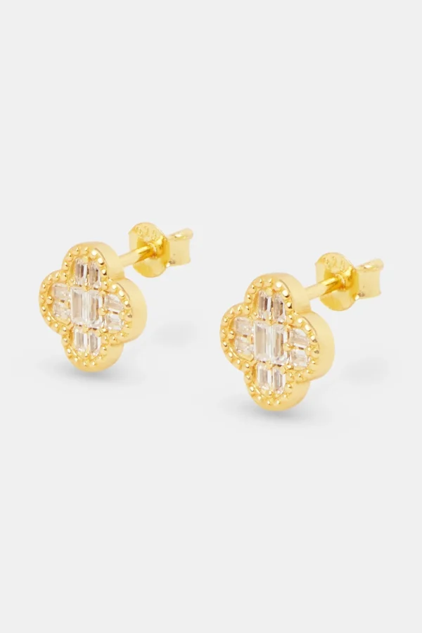 Baguette Motif Stud Earrings - 10mm - Gold