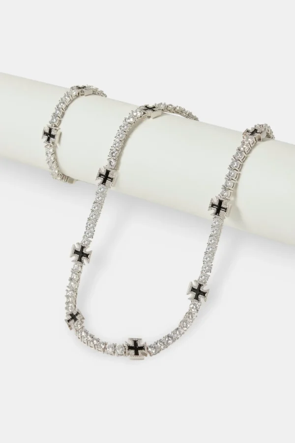 Black Cross Motif Tennis Chain & Bracelet - 5mm