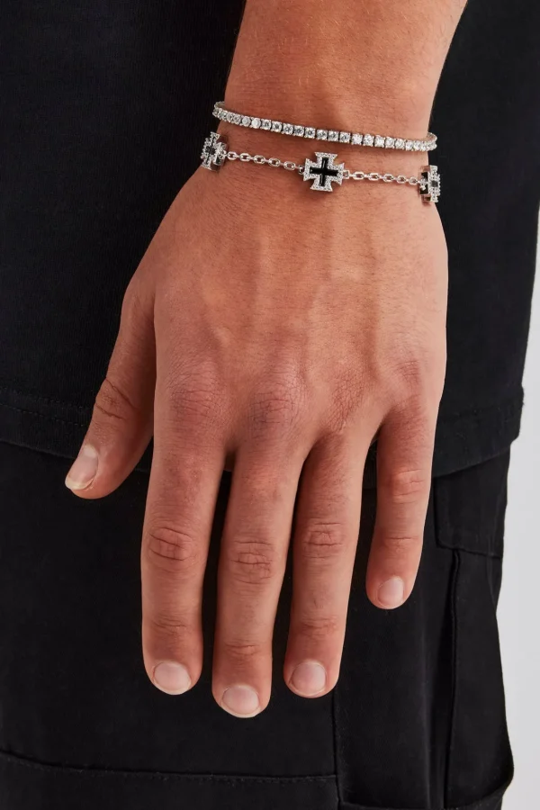 Black Enamel Cross Motif Bracelet & 3mm Tennis Bracelet - White