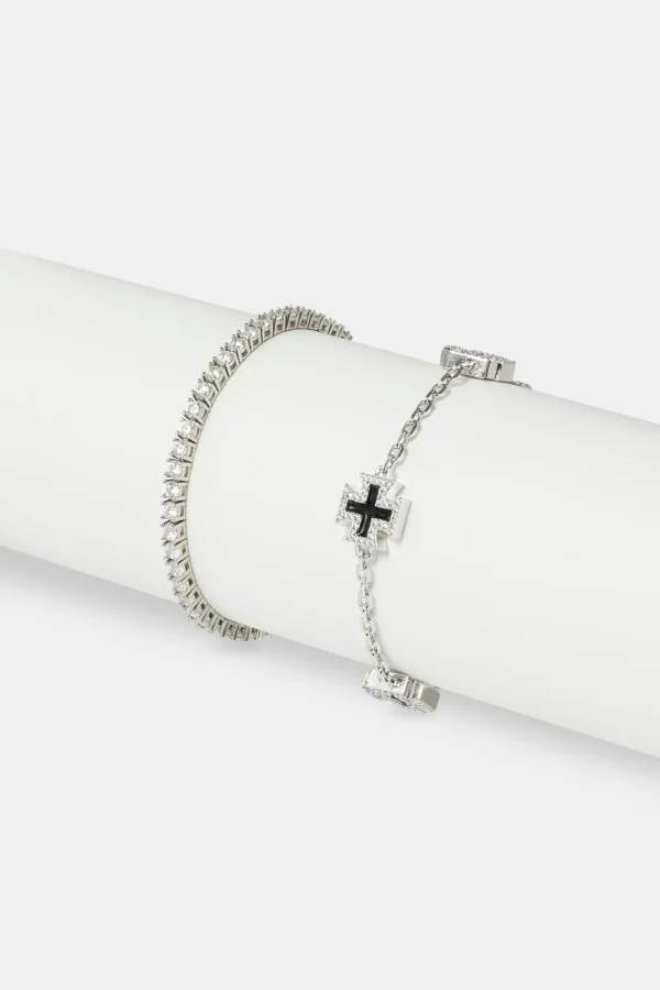 Black Enamel Cross Motif Bracelet & 3mm Tennis Bracelet - White