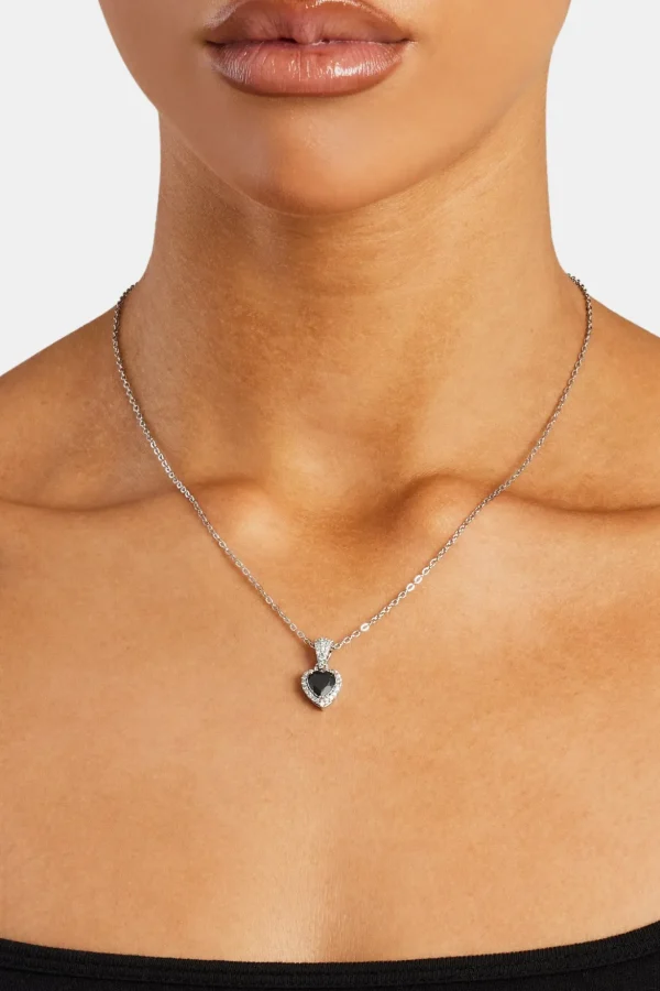 Black Heart Bezel Necklace - White