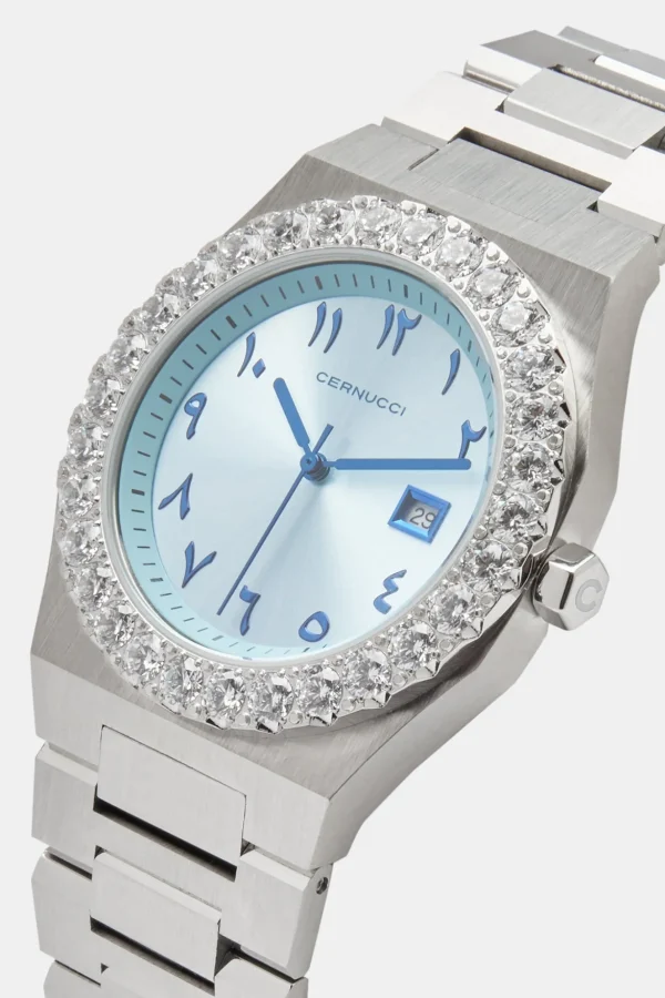 Blue Arabic Dial Iced Bezel Watch