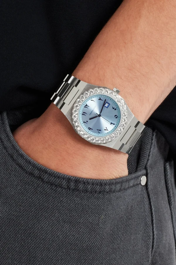 Blue Arabic Dial Iced Bezel Watch