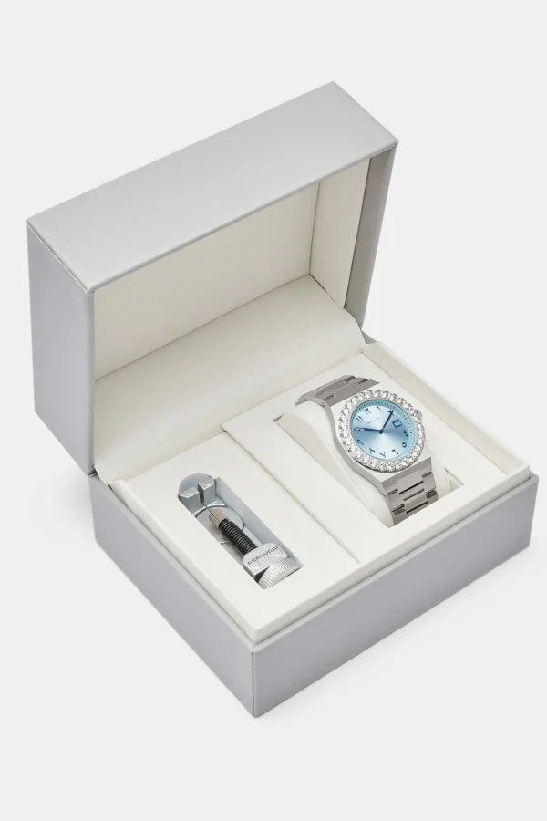 Blue Arabic Dial Iced Bezel Watch