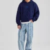 Boxy Cable Knit Embroidered Hoodie - Navy