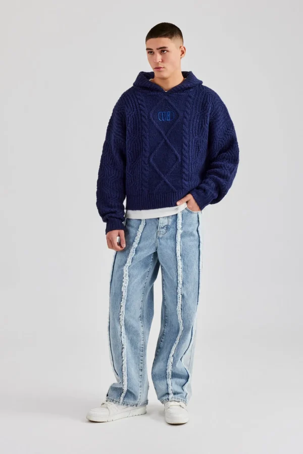 Boxy Cable Knit Embroidered Hoodie - Navy