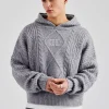 Boxy Cable Knit Embroidered Hoodie - Grey