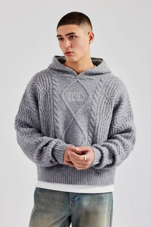 Boxy Cable Knit Embroidered Hoodie - Grey