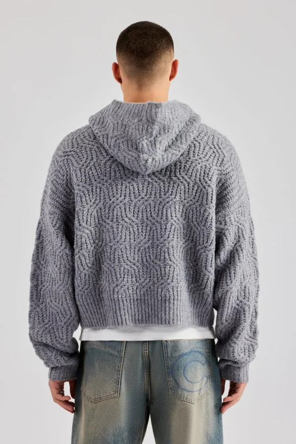 Boxy Cable Knit Embroidered Hoodie - Grey