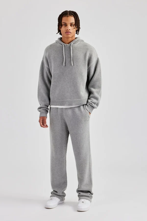 Boxy Knitted Embroidered Hoodie & Straight Leg Jogger - Grey