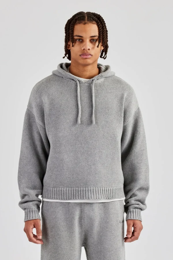 Boxy Knitted Embroidered Hoodie - Grey