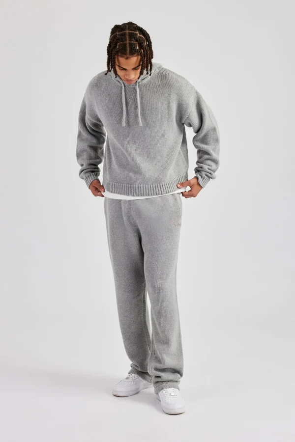 Boxy Knitted Embroidered Hoodie & Straight Leg Jogger - Grey