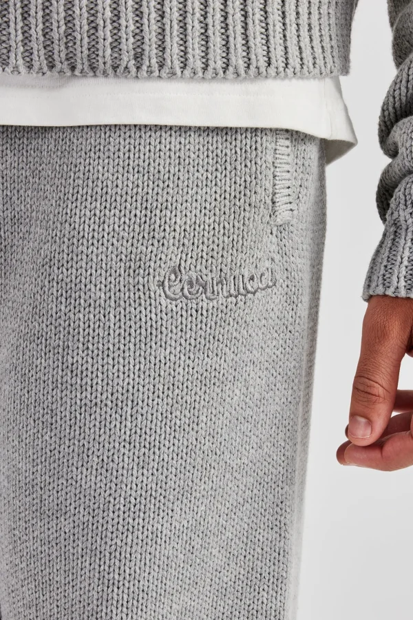 Boxy Knitted Embroidered Hoodie & Straight Leg Jogger - Grey