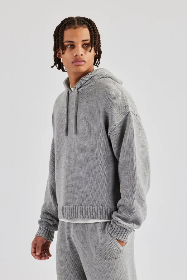 Boxy Knitted Embroidered Hoodie - Grey