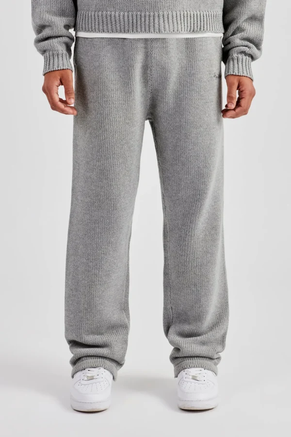 Boxy Knitted Embroidered Hoodie & Straight Leg Jogger - Grey