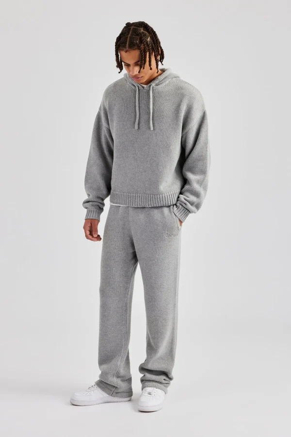 Boxy Knitted Embroidered Hoodie & Straight Leg Jogger - Grey