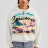 Boxy Zip Through Printed Hoodie - Off White