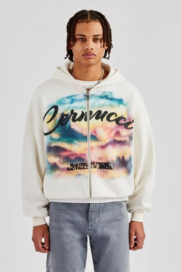 Boxy Zip Through Printed Hoodie - Off White