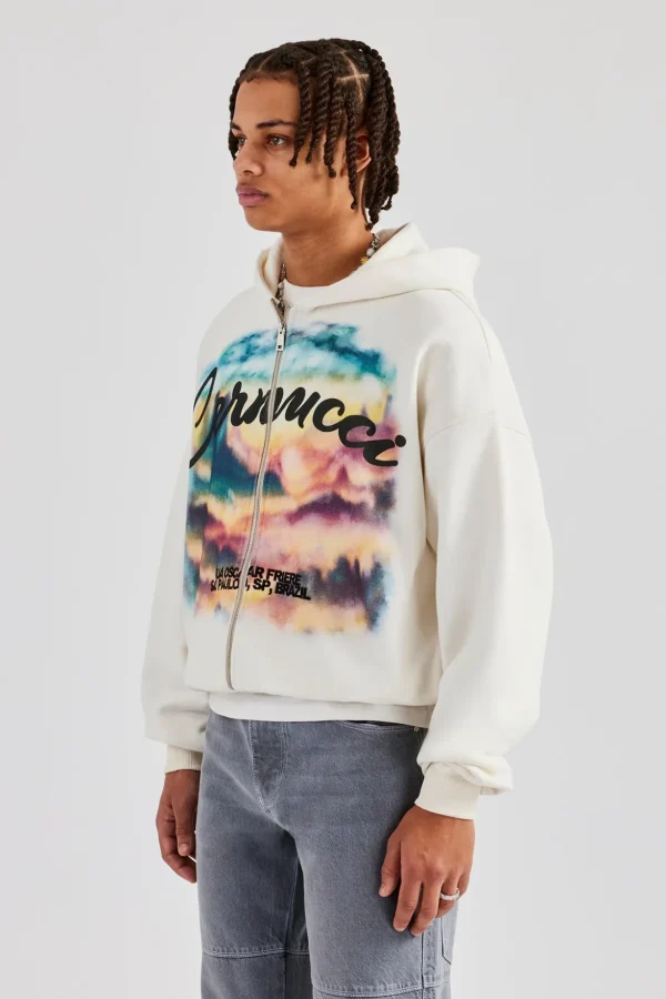 Boxy Zip Through Printed Hoodie - Off White