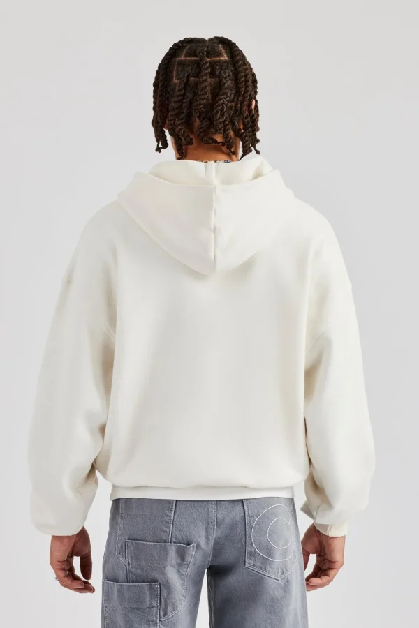 Boxy Zip Through Printed Hoodie - Off White