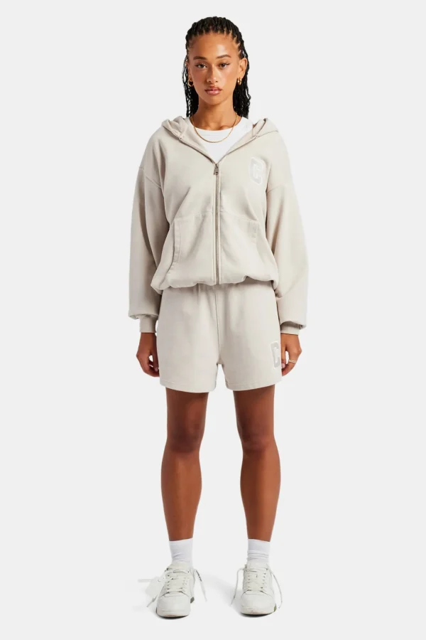 C Embroidered Zip Through Hoodie & Short Set - Stone