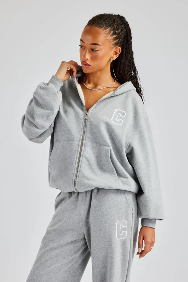 C Embroidered Zip Through Hoodie - Grey Marl