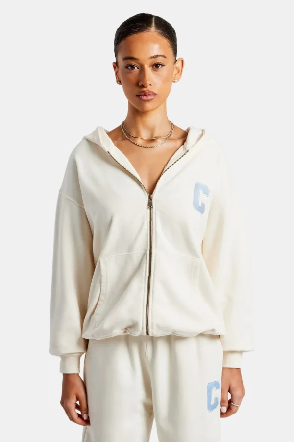 C Embroidered Zip Through Hoodie - Off White